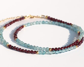 Blue Apatite Centerpiece Necklace, Square Gold Spacer, Garnet Choker, Neon Ice and Wine Red Layering Strand,