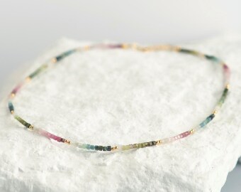Multi-Colour Faceted Tourmaline Beaded Necklace, 14k Gold-Filled Spacers, Layering Jewelry