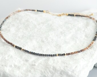 Rare Square Pietersite Necklace, Faceted Black Spinel Stacking Choker, Architectural Storm Blue Layering Strand, 14k Gold Filled Jewelry
