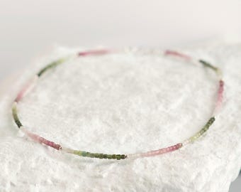 Watermelon Tourmaline Square Gemstone Necklace, Ombre Sterling Silver Strand