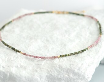 Watermelon Tourmaline Stardust Necklace, Cube Pink and Green Gemstone Choker, Alternating Mosaic Strand, 14k Gold, Layering Necklace