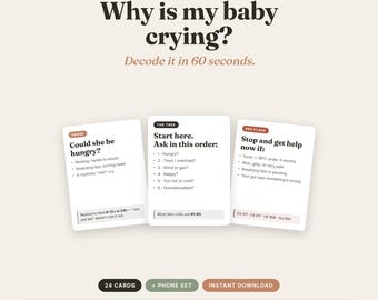 Babyweinen-Entschlüsselungskarten, Warum weint mein Baby? (zum Ausdrucken), Beruhigungsanleitung für die Nacht (einhändig), Digitaler Download für frischgebackene Mütter