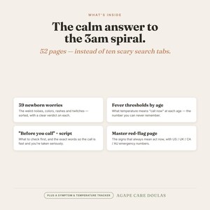 K&ouml;nnte beinhalten: Ein 52-seitiger Informationsleitfaden mit dem Titel The calm answer to the 3am spiral. Er enth&auml;lt Abschnitte zu 39 Neugeborenen-Sorgen, Fieberschwellen nach Alter, ein Before you call-Skript, eine Warnsignal-Seite sowie einen Symptom-Tracker.