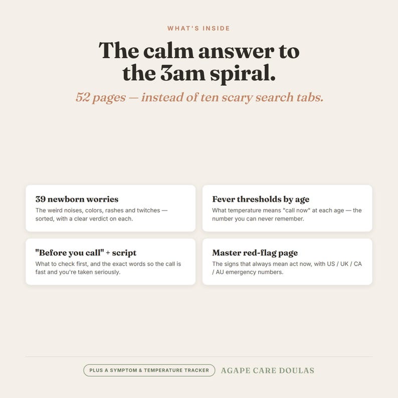 K&ouml;nnte beinhalten: Ein 52-seitiger Informationsleitfaden mit dem Titel The calm answer to the 3am spiral. Er enth&auml;lt Abschnitte zu 39 Neugeborenen-Sorgen, Fieberschwellen nach Alter, ein Before you call-Skript, eine Warnsignal-Seite sowie einen Symptom-Tracker.