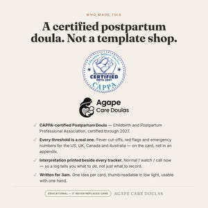 K&ouml;nnte beinhalten: Eine Informationsgrafik mit dem Text: Who made this, A certified postpartum doula. Not a template shop. Enth&auml;lt ein CAPPA-Zertifizierungssiegel, das Logo von Agape Care Doulas und vier Aufz&auml;hlungspunkte zu professionellen Doula-Dienstleistungen.