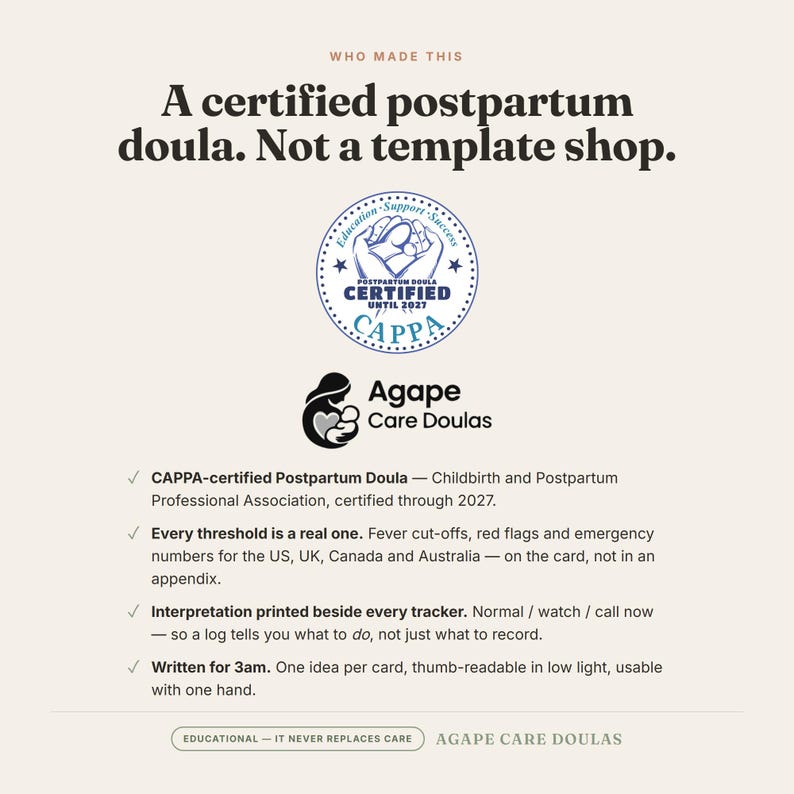 K&ouml;nnte beinhalten: Eine Informationsgrafik mit dem Text: Who made this, A certified postpartum doula. Not a template shop. Enth&auml;lt ein CAPPA-Zertifizierungssiegel, das Logo von Agape Care Doulas und vier Aufz&auml;hlungspunkte zu professionellen Doula-Dienstleistungen.