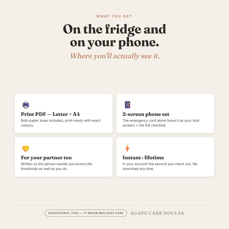 Op de afbeelding: Een digitaal informatieblad met de titel 'On the fridge and on your phone. Where you'll actually see it.' Het beschrijft een printbare PDF in Letter- en A4-formaat, een 2-scherm telefoonset, partnergerichte inhoud en levenslange toegang.