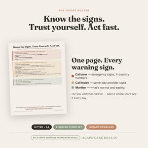Op de afbeelding: Een witte informatieposter met de titel Know the signs. Trust yourself. Act fast. met kleurgecodeerde secties in rood, oranje en groen. De tekst beschrijft nood-, zorgverlener- en monitoringsignalen voor de gezondheid na de bevalling.