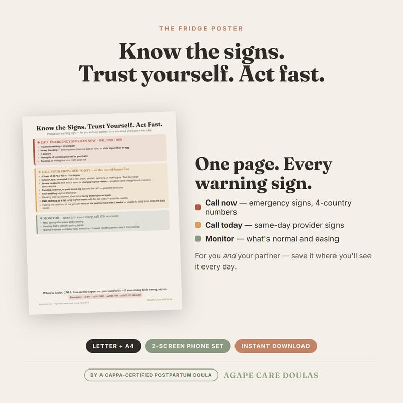 Op de afbeelding: Een witte informatieposter met de titel Know the signs. Trust yourself. Act fast. met kleurgecodeerde secties in rood, oranje en groen. De tekst beschrijft nood-, zorgverlener- en monitoringsignalen voor de gezondheid na de bevalling.
