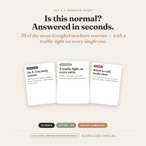 K&ouml;nnte beinhalten: Der A-Z Neugeborenen-Ratgeber ist ein digitales Dokument mit drei wei&szlig;en Karten, die den Text Find It Fast, The Answer und Be Ready enthalten. Es umfasst 52 Seiten, Letter- und A4-Formate, Sofort-Download und eine CAPPA-zertifizierte Doula.