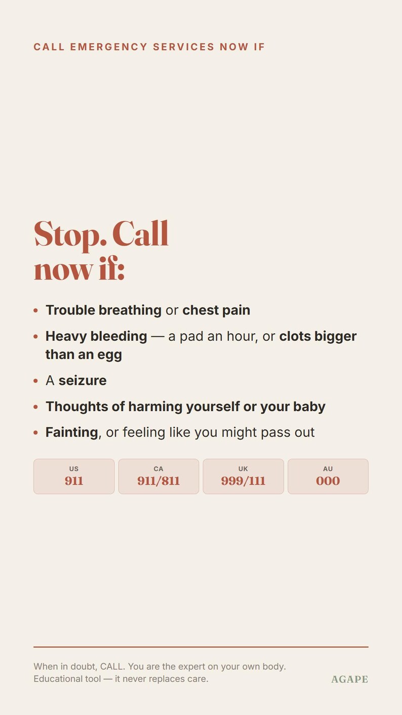 Op de afbeelding: Een informatiebord met donkerrode tekst op een lichte achtergrond getiteld Stop. Call now if: met een lijst van noodsymptomen zoals ademhalingsmoeilijkheden, pijn op de borst, zware bloedingen, toevallen, zelfbeschadigingsgedachten en flauwvallen, inclusief noodnummers voor US, CA, UK en AU.