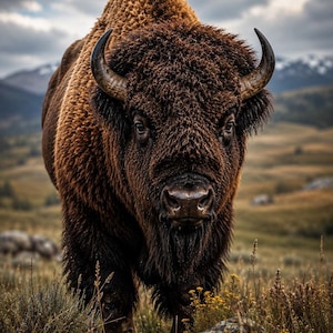 May include: A large American bison standing in a field, featuring thick, dark brown shaggy fur, a prominent shoulder hump, and curved black horns. The animal has a dense mane around its head and neck, with a short beard and dark, focused eyes.