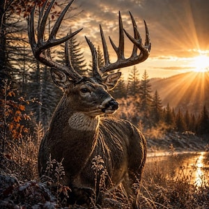 May include: A large buck with expansive, multi-pointed antlers standing in a frost-covered landscape. The deer has brown fur and is positioned near a body of water during a golden sunrise, with pine trees visible in the background under a bright sky.