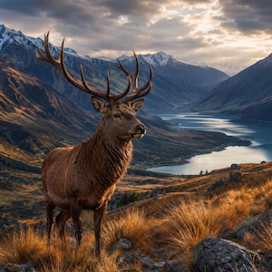 May include: A majestic brown stag with large, branching antlers stands on a grassy, rocky hillside. The landscape features a deep blue lake nestled between towering, snow-capped mountain peaks under a dramatic, cloudy sunset sky.