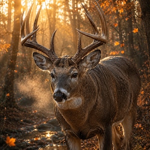 Può includere: Un grande cervo marrone con corna prominenti in piedi in una foresta durante l'autunno. Il cervo ha un mantello strutturato, occhi scuri e il respiro è visibile nell'aria fresca. La luce dorata del sole filtra tra gli alberi, illuminando le foglie arancioni.