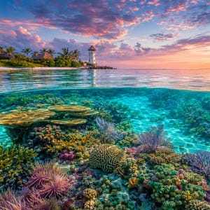 May include: A split-level view showing a vibrant coral reef underwater with diverse textures and colors, transitioning to a tropical coastline above the water featuring a white lighthouse, lush green palm trees, and a sunset sky with pink clouds.
