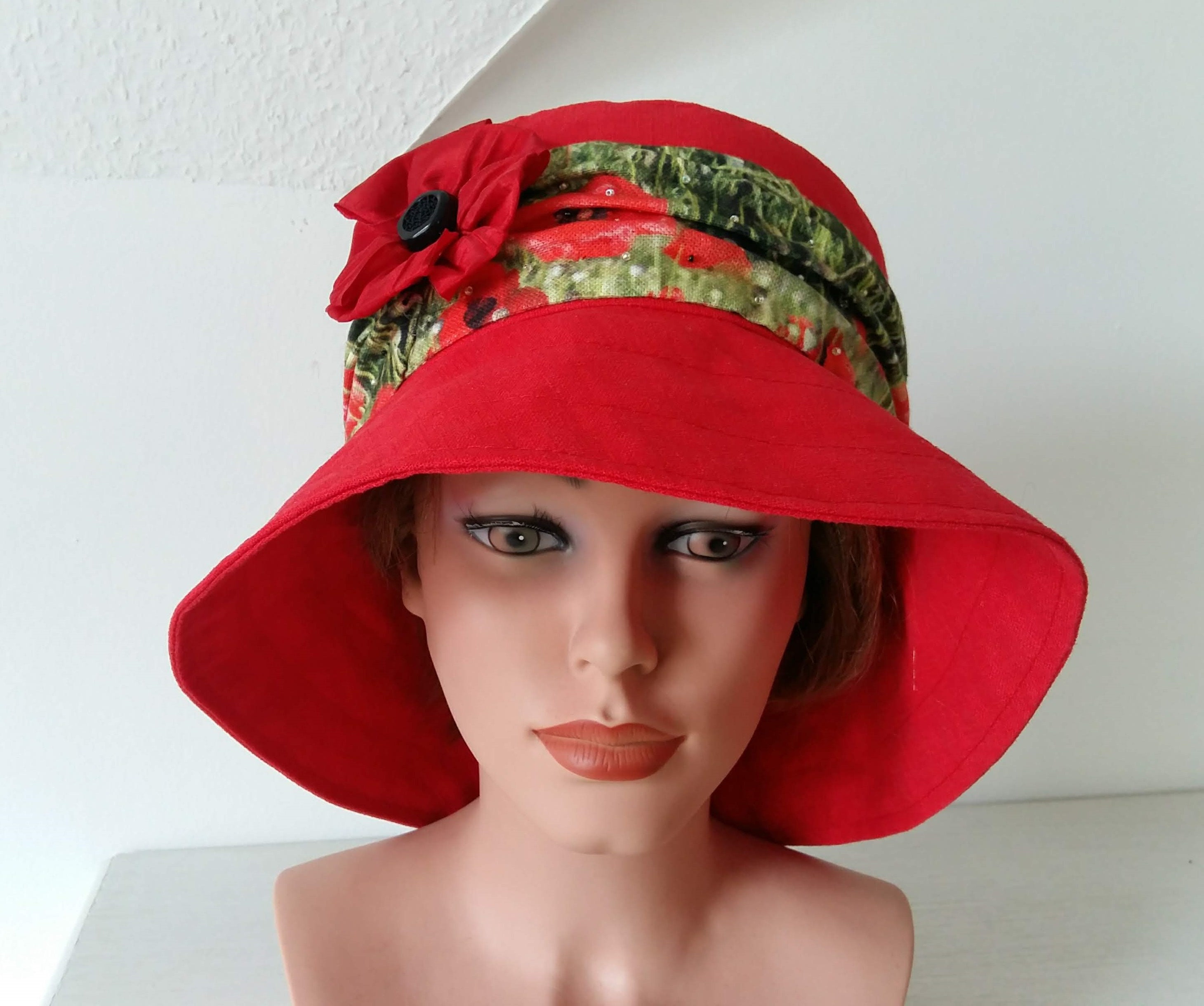 Summer Hat Garden Hat Woman Hat, Beach Hat, Linen Hat, Red Hat With