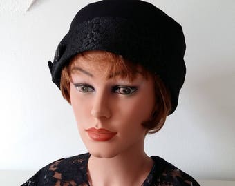 Pillbox style, size 52-53, cotton canvas cap, hat, black