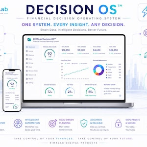 May include: A digital dashboard interface titled EIMALab Decision OS displayed on a laptop and smartphone screen. The interface features financial data, charts, and metrics including income, expenses, and savings. Text includes Financial Decision Operating System, One System, Every Insight, Any Decision, and Built in Microsoft Excel.