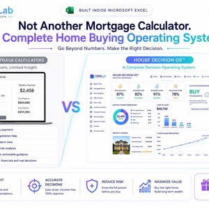 May include: A digital product comparison graphic titled Not Another Mortgage Calculator. A Complete Home Buying Operating System. It contrasts a basic mortgage calculator with the House Decision OS dashboard, highlighting features like mortgage planning, offer analysis, and investment forecasting built inside Microsoft Excel.