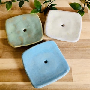 Handmade stoneware pottery Square Soap dish green white and blue