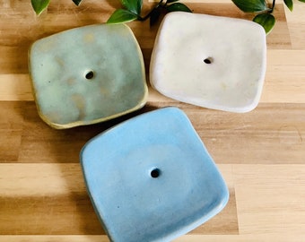 Handmade stoneware pottery Square Soap dish green white and blue