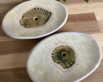 Handmade stoneware pottery oval shaped fossil Soap dish trilobite ammonite