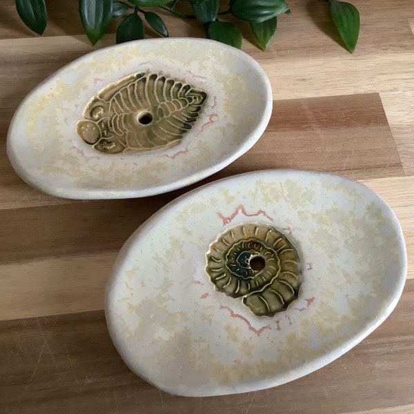 Handmade stoneware pottery oval shaped fossil Soap dish trilobite ammonite