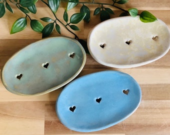Handmade stoneware pottery oval heart Soap dish green white and blue