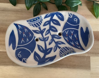 Handmade stoneware sgraffito blue and white birds and flowers soap dish