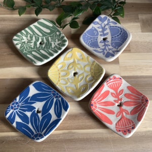 Handmade stoneware pottery Square Soap dish fern flower bird