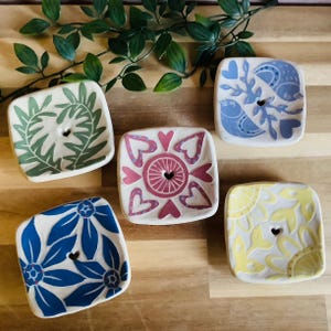 Handmade stoneware pottery Square Soap dish fern flower bird
