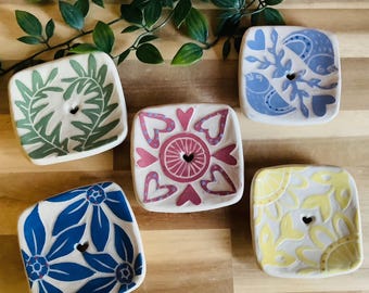 Handmade stoneware pottery Square Soap dish fern flower bird