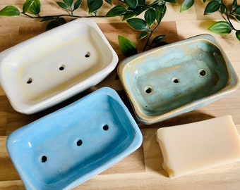 Handmade stoneware pottery Classic rectangular Soap dish blue white and green