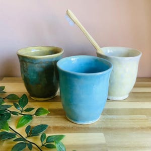 Handmade stoneware sgraffito blue white or green toothbrush holder