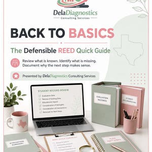 Puede incluir: Un documento profesional titulado Back to Basics: The Defensible REED Quick Guide de DelaDiagnostics Consulting Services. Incluye una computadora portátil con una revisión de registros estudiantiles, carpetas, cuadernos, una taza y una lupa.