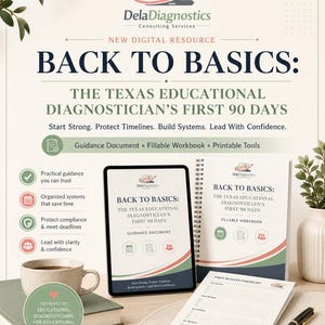 Könnte beinhalten: Ein digitales Ressourcen-Kit mit dem Titel Back to Basics: The Texas Educational Diagnostician's First 90 Days, bestehend aus einem Tablet, einem spiralgebundenen Arbeitsbuch und einer Checkliste. Es enthält Leitfäden, ausfüllbare Arbeitsbücher und Tools.