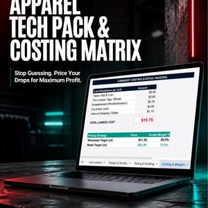May include: A laptop displaying an Apparel Tech Pack & Costing Matrix spreadsheet. The screen shows a Garment Costing & Retail Margins table with columns for cost breakdown, unit amounts, pricing strategy, and gross margin percentages.