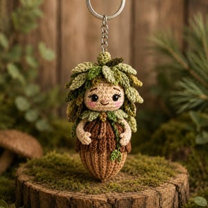 May include: A crochet keychain featuring a small, round figure with a tan face, rosy cheeks, and large black eyes. The figure has a head covered in layered green leaves and a body shaped like a brown acorn with a textured, ribbed base.