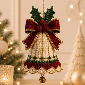 May include: A crocheted Christmas bell ornament in cream, dark red, and green. The bell features a large dark red bow, green holly leaves, and three red berries at the top. The base has a scalloped edge with a small metallic jingle bell hanging below.