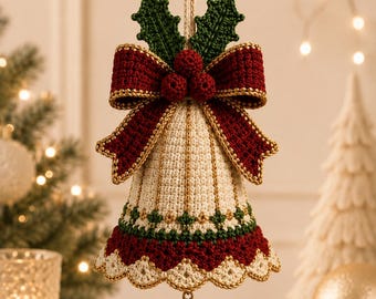 Christmas Bell Crochet Pattern, Holly Bow Ornament, Festive Holiday Decor (PDF)