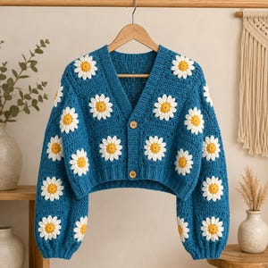 Mönster för virkad kofta av Daisy Grandma, blommig tröja i PDF-format, Cottagecore-stil