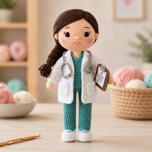 Puede incluir: Una muñeca de ganchillo vestida de profesional médico, con cabello castaño oscuro en una trenza lateral, bata blanca, uniforme color verde azulado y zapatos blancos. La muñeca sostiene un portapapeles marrón con un símbolo de cruz roja.