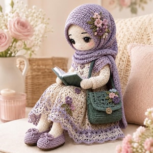 Op de afbeelding: Een handgemaakte gehaakte pop met een lavendelkleurige hijab versierd met kleine bloemetjes en een crèmekleurige jurk met lavendelkleurige kanten rand. De pop houdt een klein boekje vast en draagt een donkergroene schoudertas met bloemen.