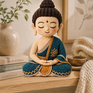 May include: A crocheted Buddha figurine featuring dark brown hair, a beige complexion, and a teal robe with gold trim. The figure sits in a meditative pose with hands resting in the lap. A small gold lotus flower emblem is embroidered on the chest.