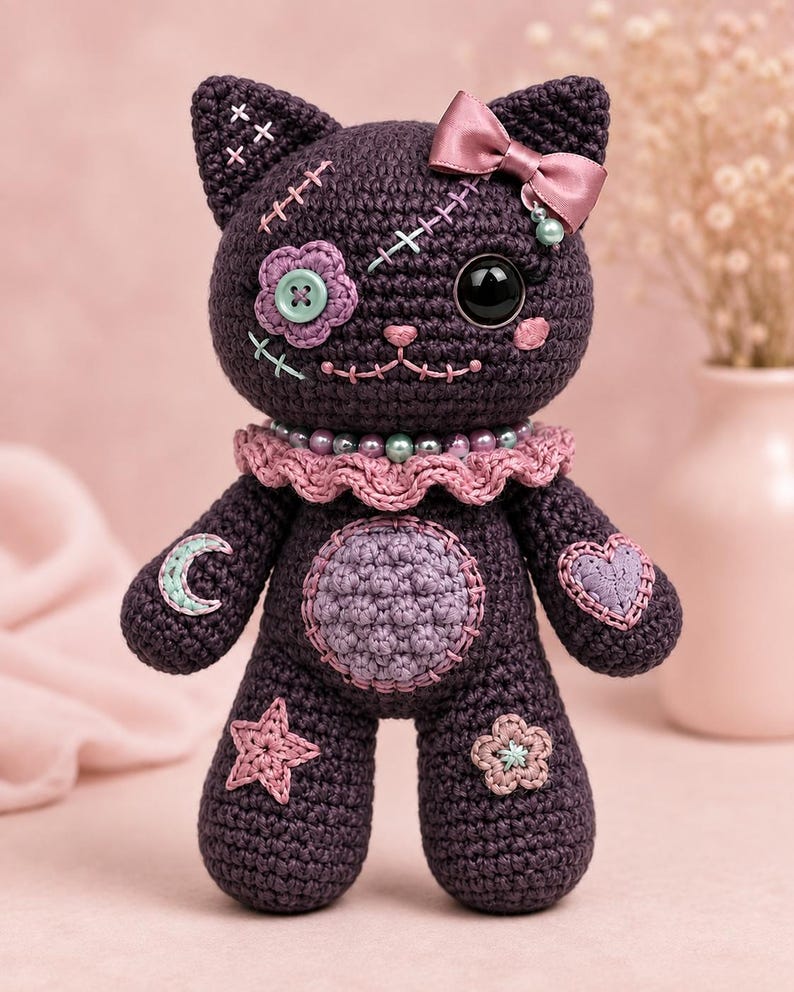 May include: A dark purple crocheted cat doll featuring a pink satin bow, a ruffled collar with beads, and stitched details. The doll has a button eye, a flower patch, and various embroidered shapes including a moon, star, heart, and flower.