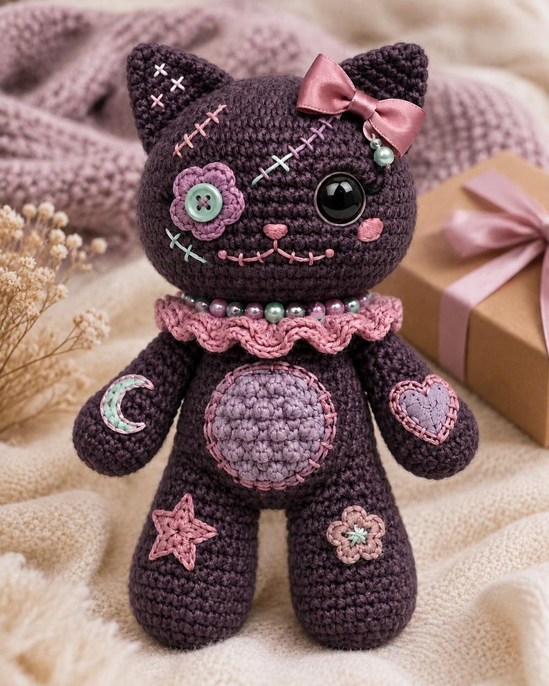 May include: A dark purple crocheted cat doll featuring a pink satin bow, a ruffled collar with beads, and stitched details. The doll has a button eye, a flower patch, and various embroidered shapes including a moon, heart, star, and flower.