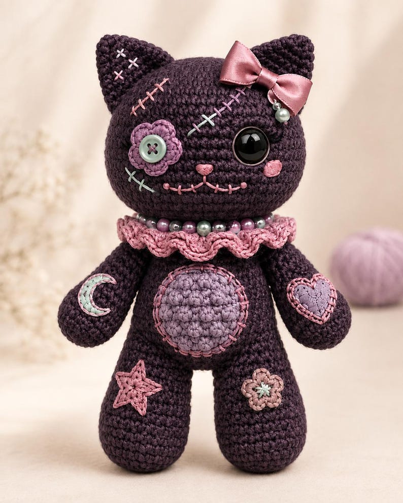 May include: A dark purple crocheted cat doll featuring a light purple belly patch, a pink ruffled collar with beads, and a satin bow. The doll has a button eye, a stitched flower eye, embroidered moon, star, and heart patches, and cross-stitch details.