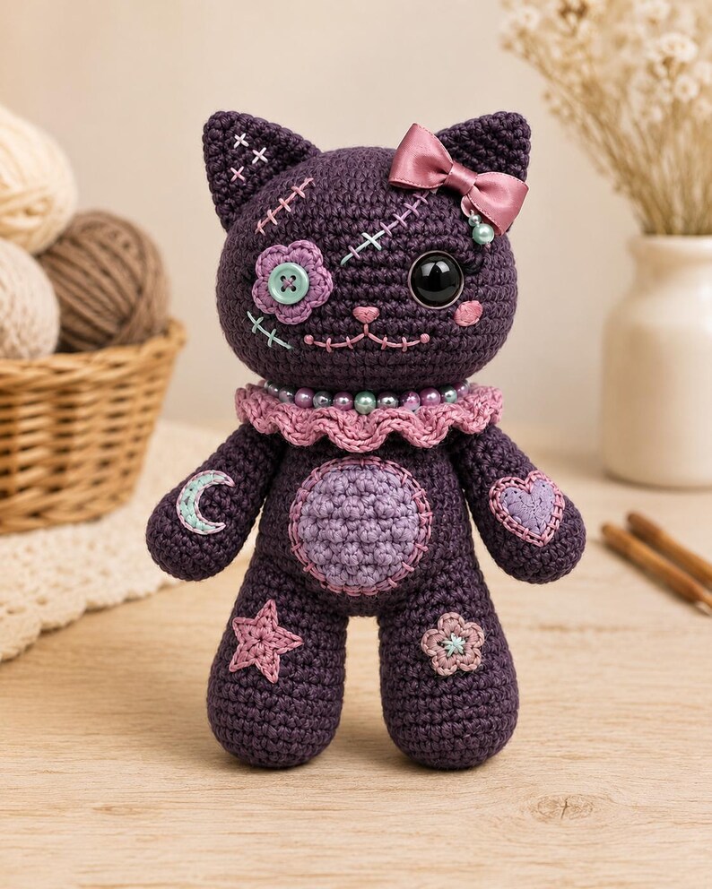 May include: A dark purple crocheted cat doll featuring a pink satin bow on one ear, a light blue button eye, a large black eye, and a ruffled pink collar. The body is decorated with embroidered patches including a crescent moon, a heart, a star, and a flower.