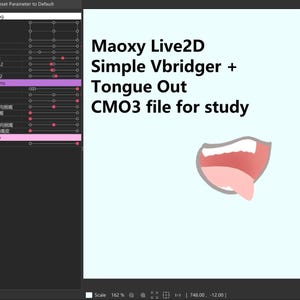 Puede incluir: Una interfaz digital que muestra el archivo Maoxy Live2D Simple Vbridger + Tongue Out CMO3 para estudio, con una lista de parámetros de seguimiento bucal a la izquierda y un gráfico de una boca abierta con una lengua rosa extendida.